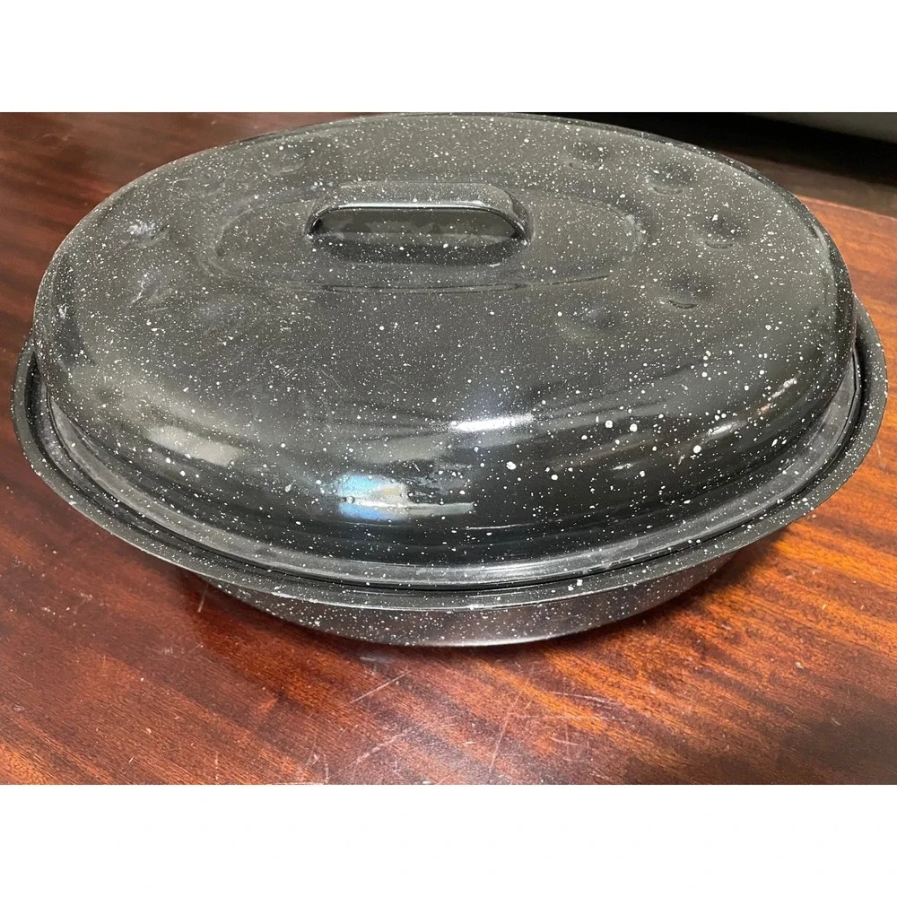 Granite Ware Black Speckled Oval Roasting Pan with Self Basting Lid 13 Inch